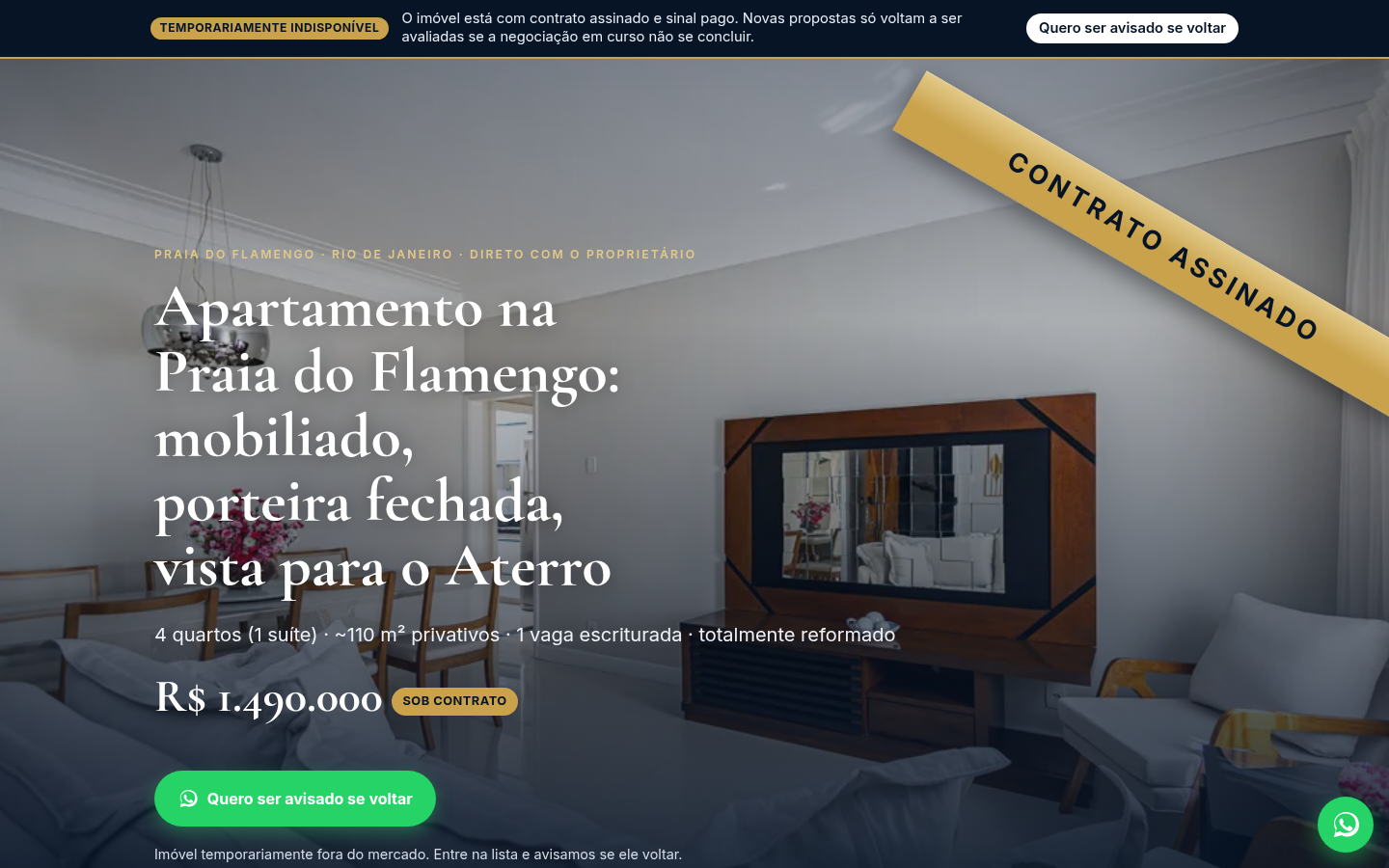 Página real do apartamento do Rio com a faixa de contrato assinado