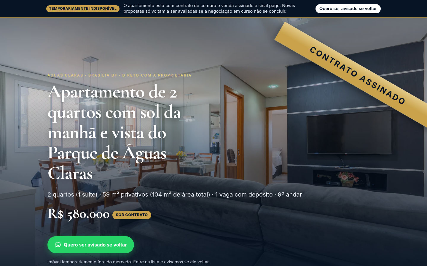 Página real do apartamento de Brasília com a faixa de contrato assinado